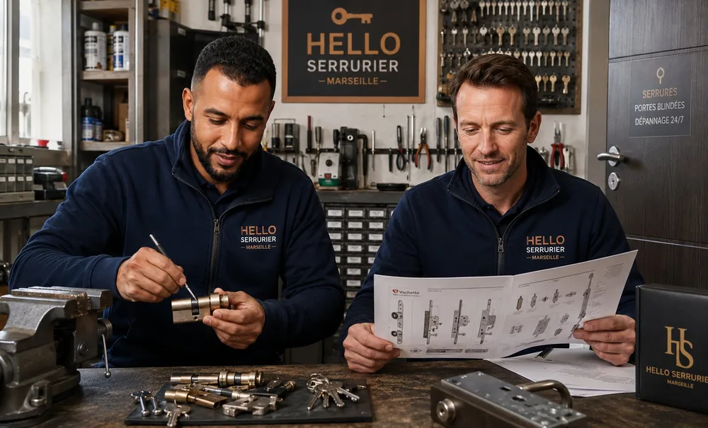 Serrurier à Marseille : Medhi et Julien, artisans Hello Serrurier, dans leur atelier
